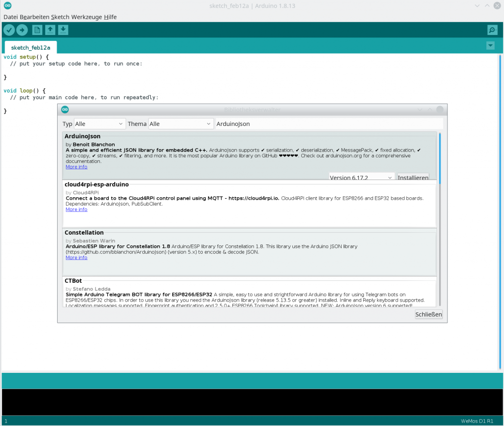 Arduino Bibliotheksverwalter mit der ArduinoJson-Bibliothek