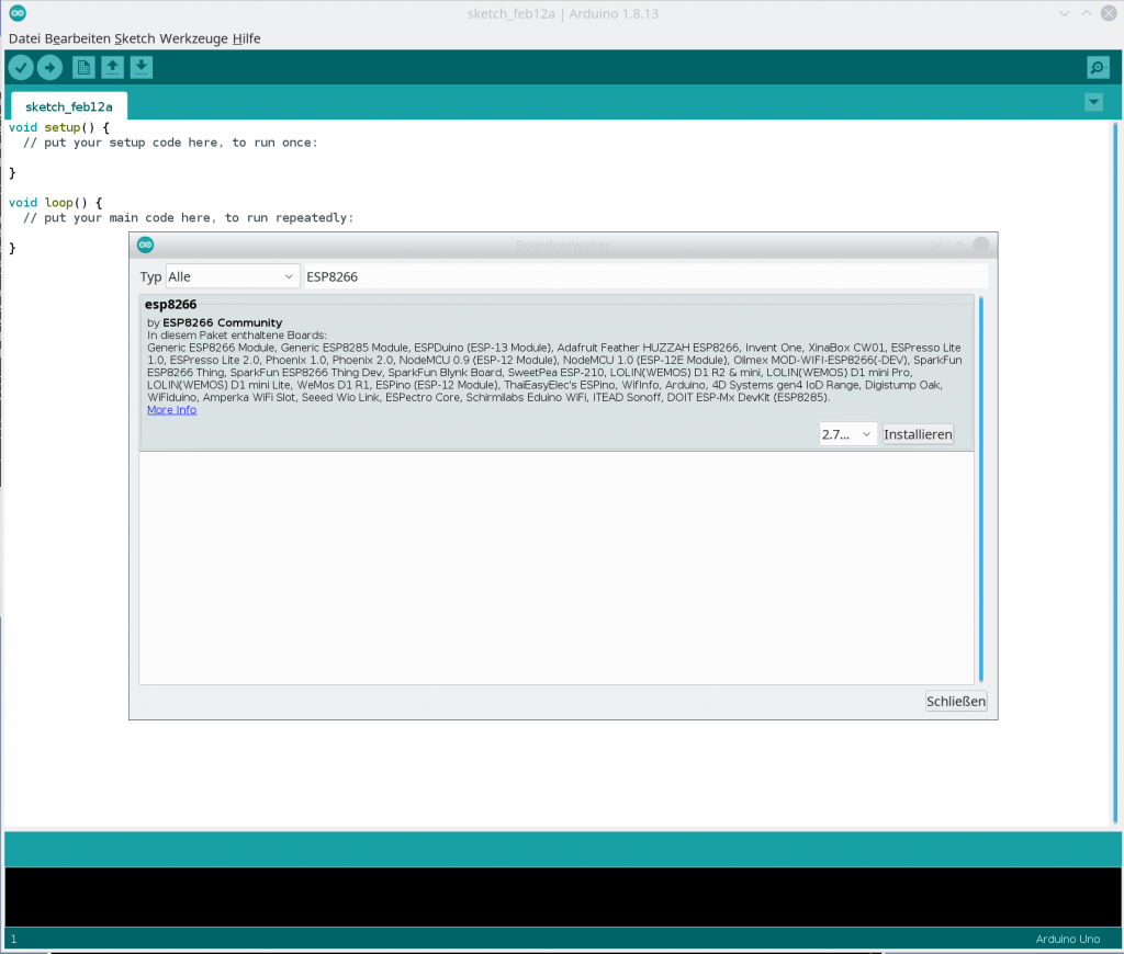 Screenshot des Boardverwalters mit dem esp8266-Paket