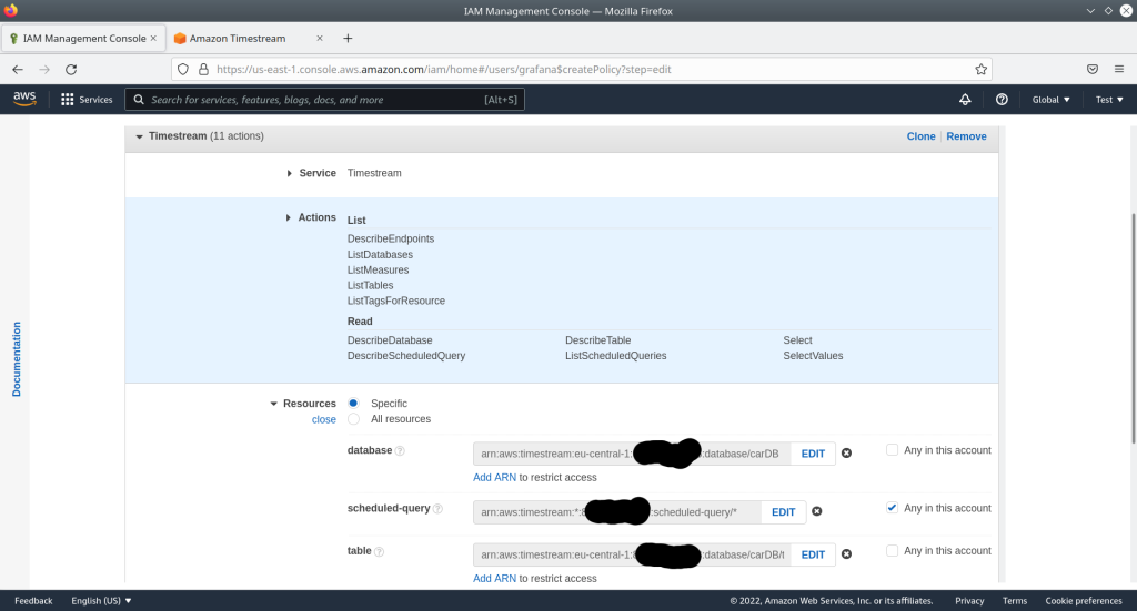 Configuring the Timestream access rights for the new AWS user